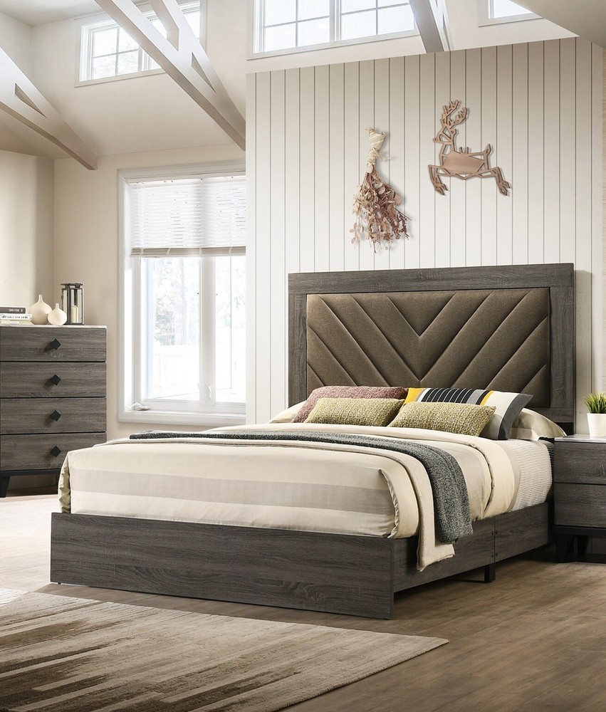 Modern Queen Bed with Upholstered Headboard & Rubberwood Frame