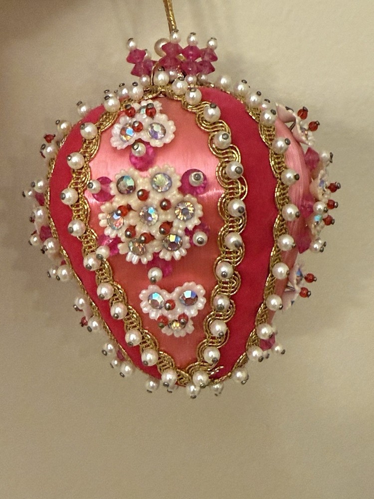 VTG Pink Christmas Ornament Push Pin Bead Rhinestone Pearl Flowers Gold Trim