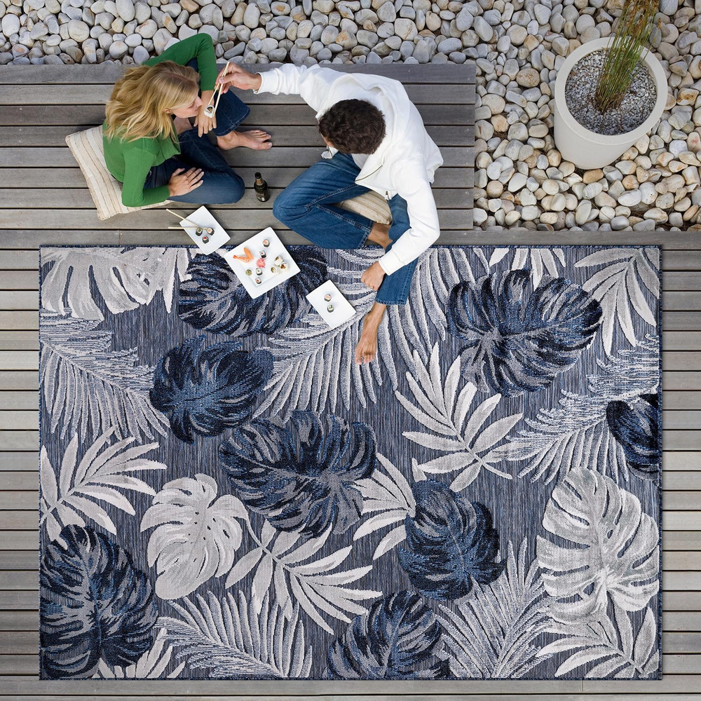 CAMILSON Indoor/Outdoor Rug, Navy 10’X14’ Leaf Tropical Botanical Area Rugs for