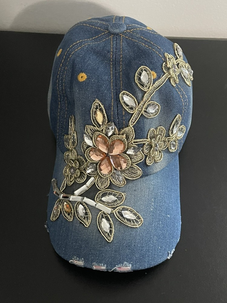 Distressed embroidered crystal baseball cap adjustable denim hat