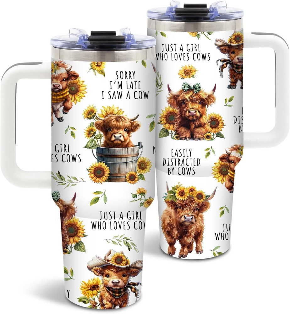 Highland Cow Tumbler with Handle 40 oz Cute Floral Cow Gift for Girls