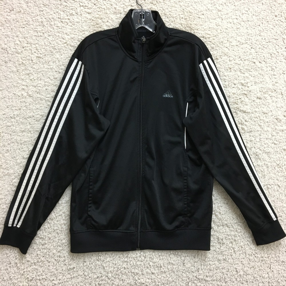 Adidas Men's Large Black White Track Jacket Full Zip 3 Stripe Climalite Athletic