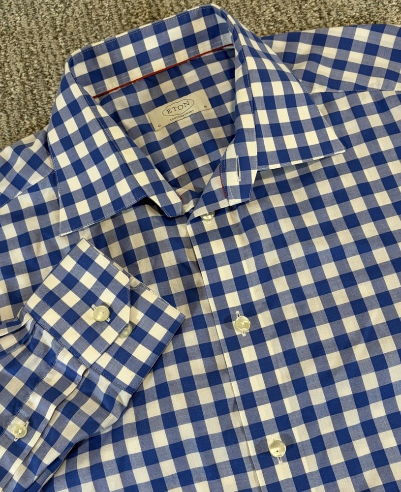 Eton Men’s Dress Shirt Size 41 16 Blue Check Button Front Contemporary Plaid