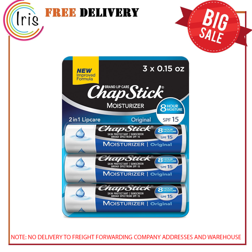 3PK ChapStick Moisturizer Original Lip Balm Tubes, SPF 15 and Skin Protectant