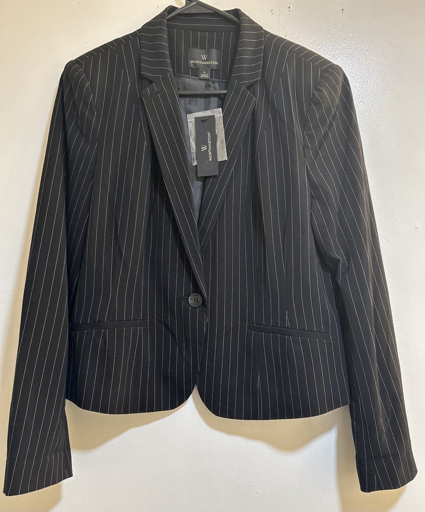 Worthington L Black Pinstriped Business Blazer V Neck One Button NWT Long Sleeve