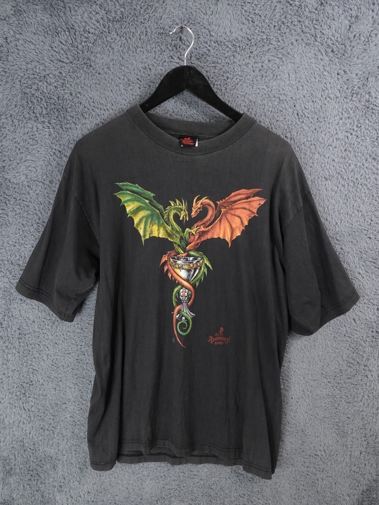 Vintage Alchemy Gothic Shirt Mens Large Dragon Metal Print Skulls Retro 90s Y2K
