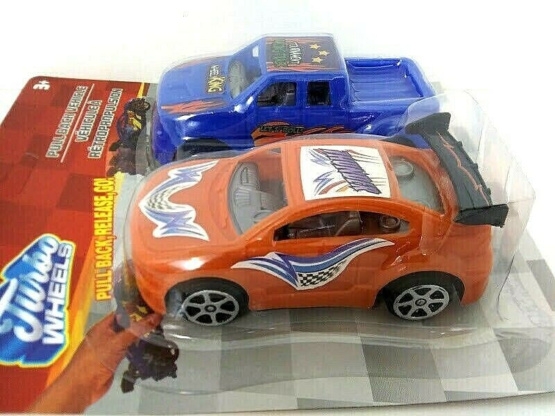 Turbo Wheels Boys Toy Car Truck 2 Piece Pack Orange Blue Pull Back Release Go
