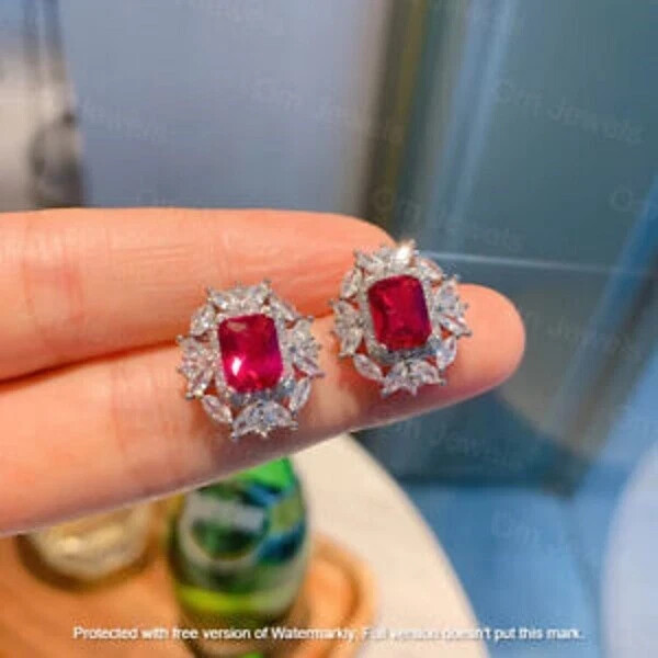 4Ct Lab Created Red Ruby Diamond Women Halo Stud Earrings 14K White Gold Finish