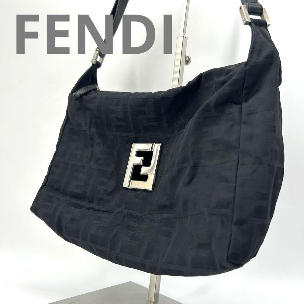 FENDI Black Canvas Zucca FF Shoulder Bag with Hardware I060251 Authentic