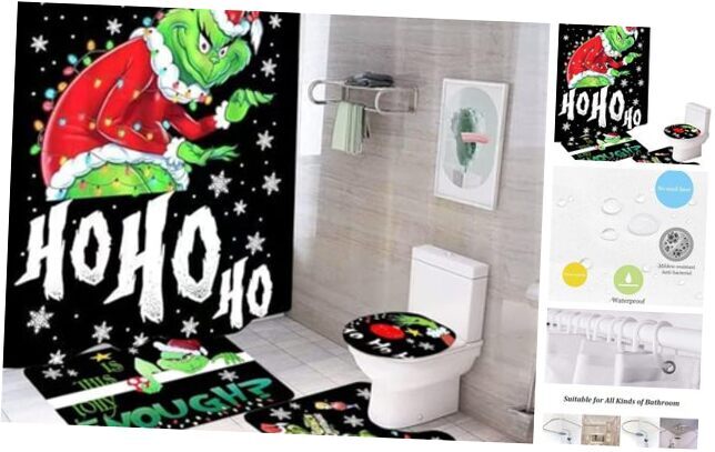 Merry Christmas Bathroom 4-Piece Set, Shower Curtain, Non-Slip Rug, Style 1