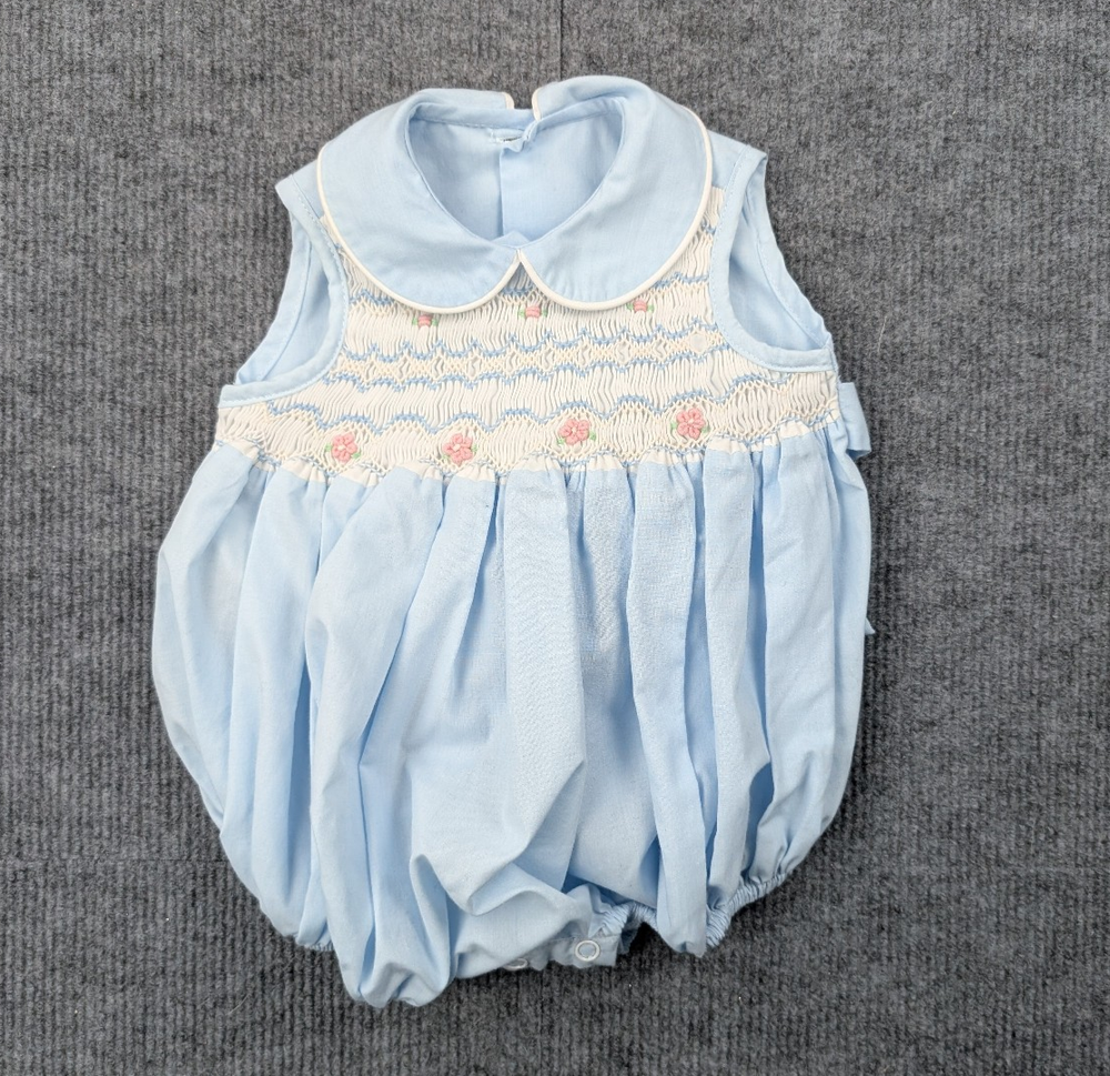 Remember Nguyen Bubble Romper Baby 3M Smocked Preppy Retro Blue Floral One Piece