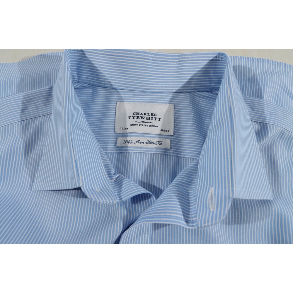 Men’s Charles Tyrwhitt Non Iron Slim Fit Dress Shirt 17.5 36 Blue Stripe