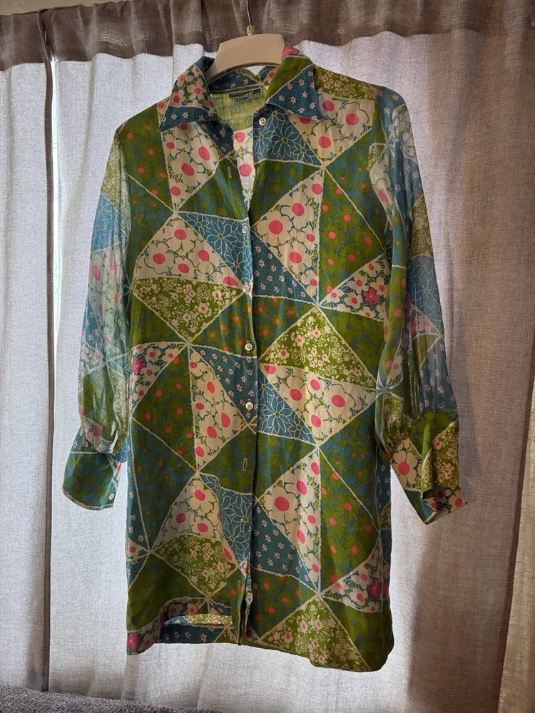 Geometric Patchwork Collared Tunic Blouse 3/4 Sleeve Multicolor Button