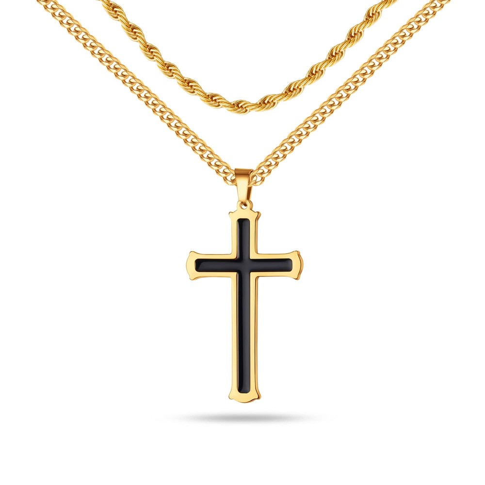 Gold Cross Necklace for Men, Mens Cross Necklace Gold Layered Rope Chain Stai...