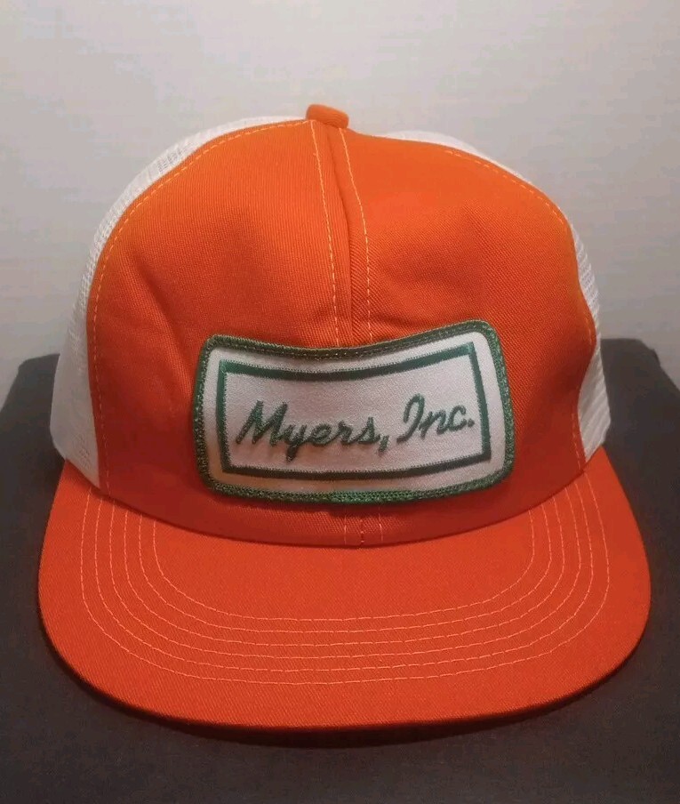 VINTAGE Myers Inc Hat Orange Mesh Snapback Trucker Patch Cap K Products USA Mens