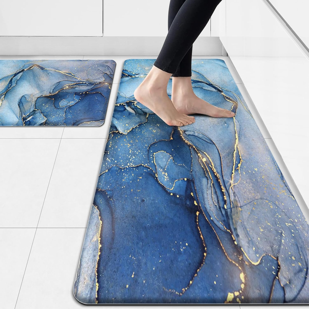 Blue cushioned anti-fatigue kitchen rugs set of 2 abstract marble design