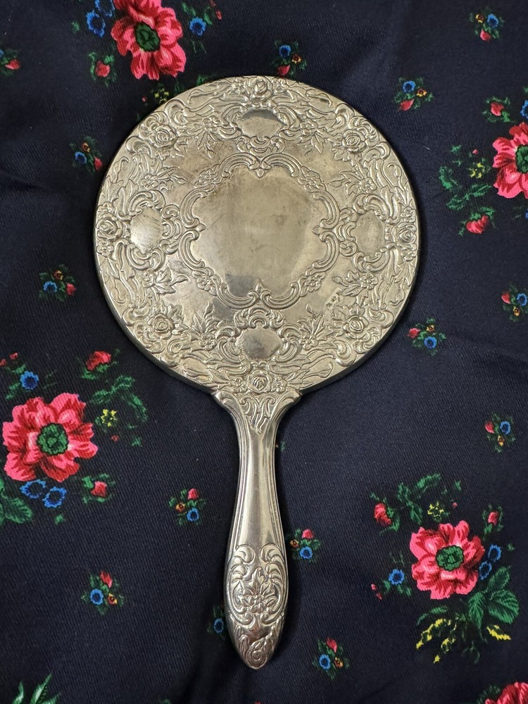 Antique Victorian Silver & Glass Hand Mirror Ornate Repousse Foliate
