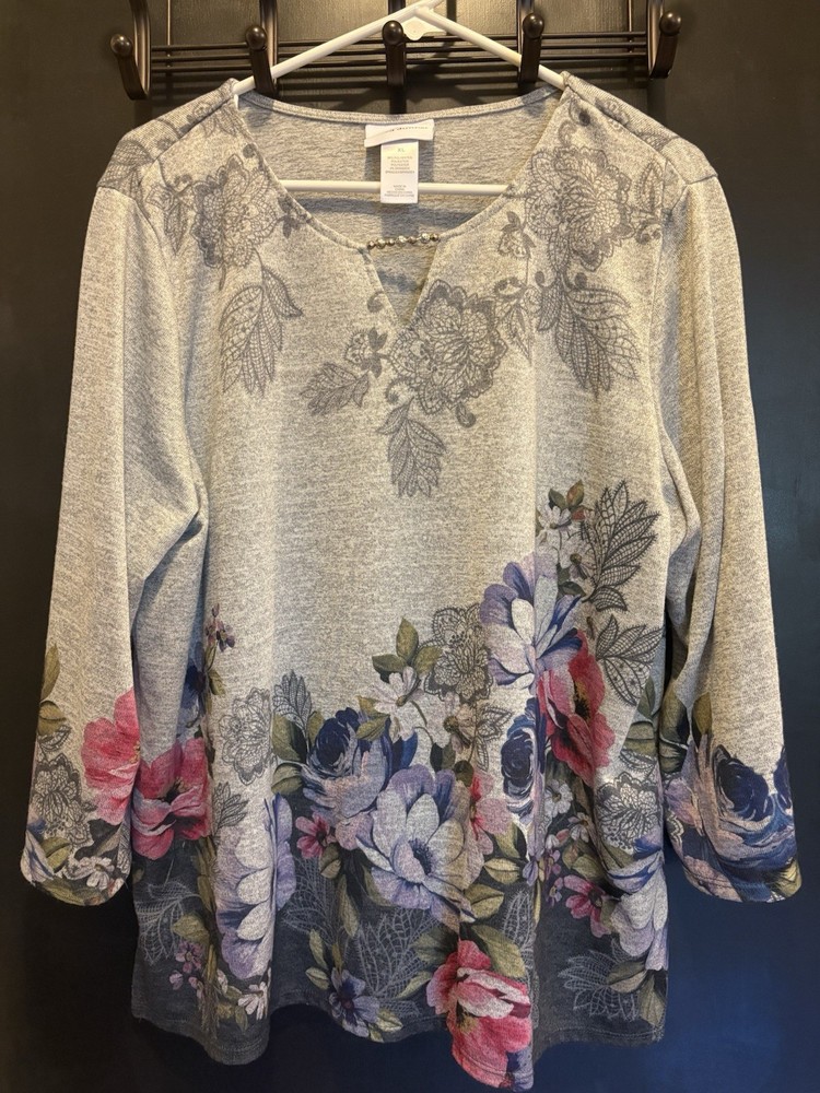 Alfred Dunner Bead Split Neck Women’s Top Floral Design 3/4 Sleeves XL