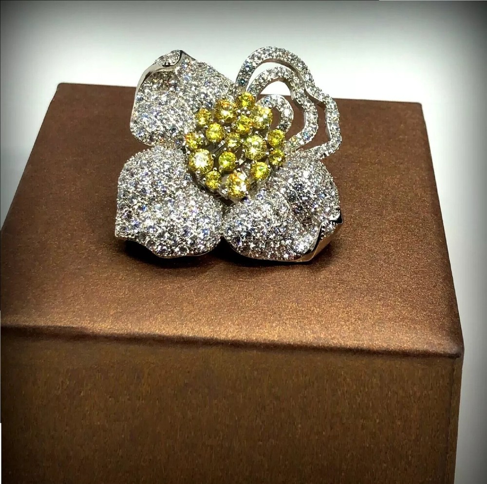 5Ct Round Simulated Citrine & Diamond Flower brooches pins 14k White gold plated