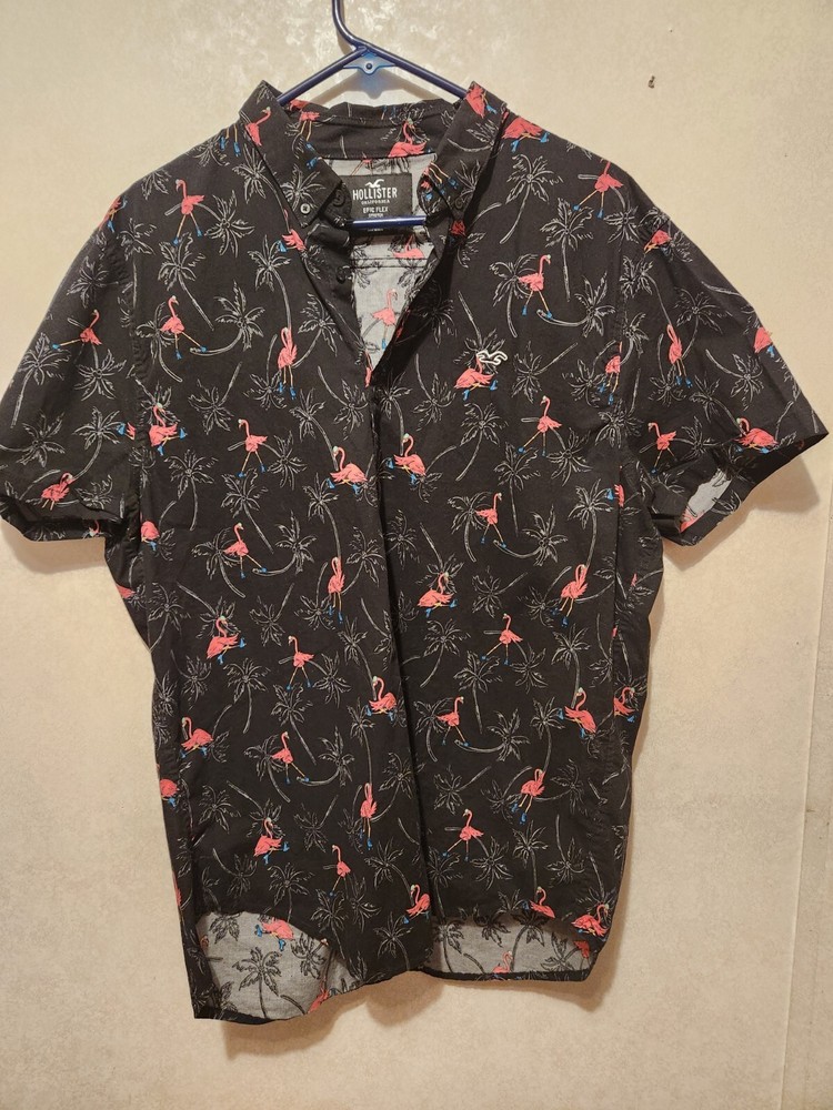 Hollister Button Down Hawaiian Shirt Large Epic Flex Short Sleeve  Pink Flamingo