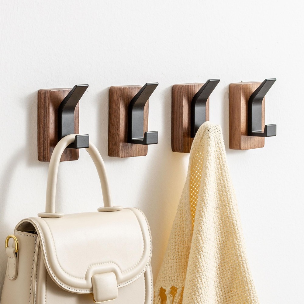 4-Pack Wood Wall Hooks - Wall Mounted or Adhesive Coat Rack for Entryway, Mud...