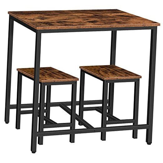 3-Piece Rustic Brown & Black Industrial Dining Table Set for Kitchen