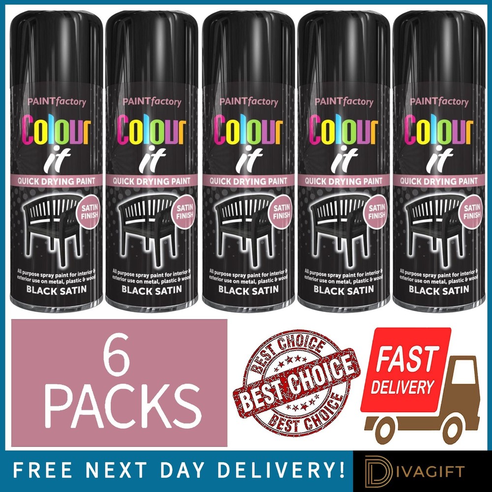 6 x COLOUR IT BLACK SATIN FINISH SPRAY PAINT 250ML FOR METAL WOOD PLASTIC NEW