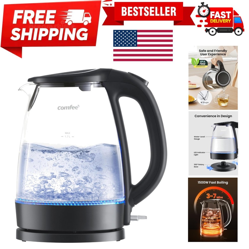Electric Kettle, 1.7L Hot Water Boiler, 1500W Fast Boil, Glass Electric Tea K...
