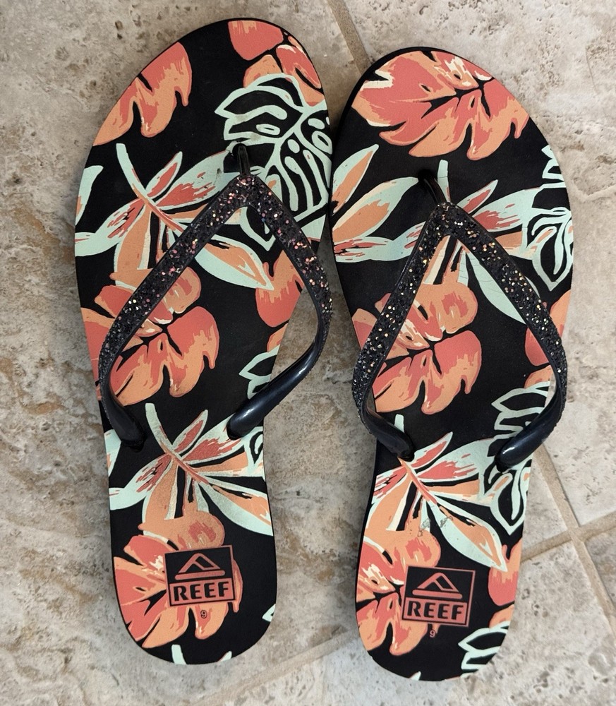 Reef Slip On Flip Flops Stargazer Print US Women’s Sz 9 Black Monstera LKNEW