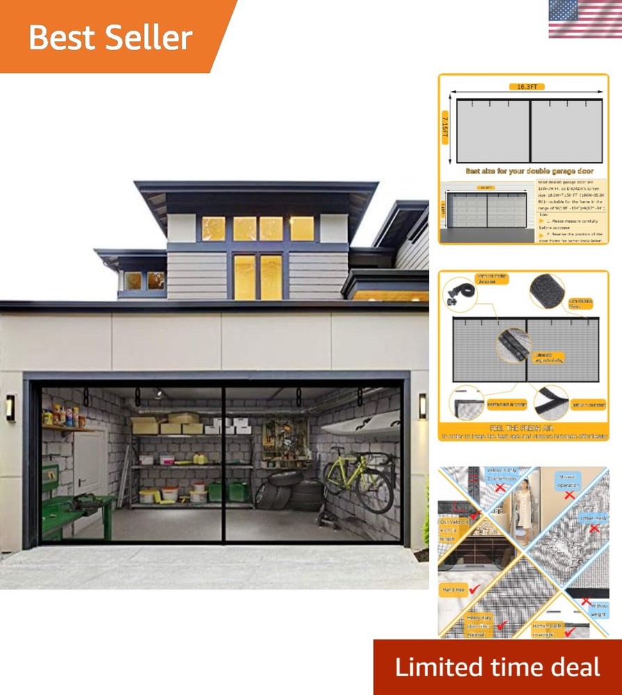 Fiberglass Magnetic Garage Screen Door 16x7ft Hands-Free Roll-Up Mesh for Easy Access
