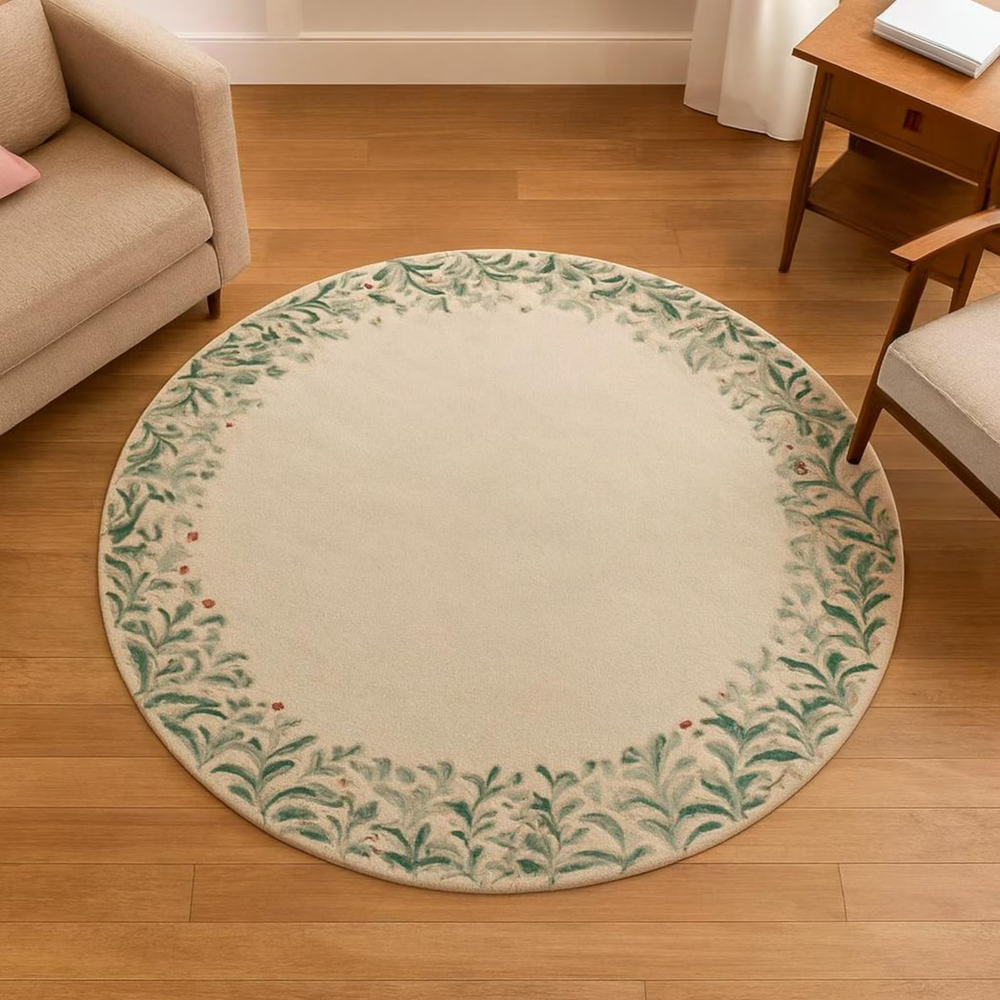 Handmade Round Hand-Tufted Rug with Botanical Border – Area Rug