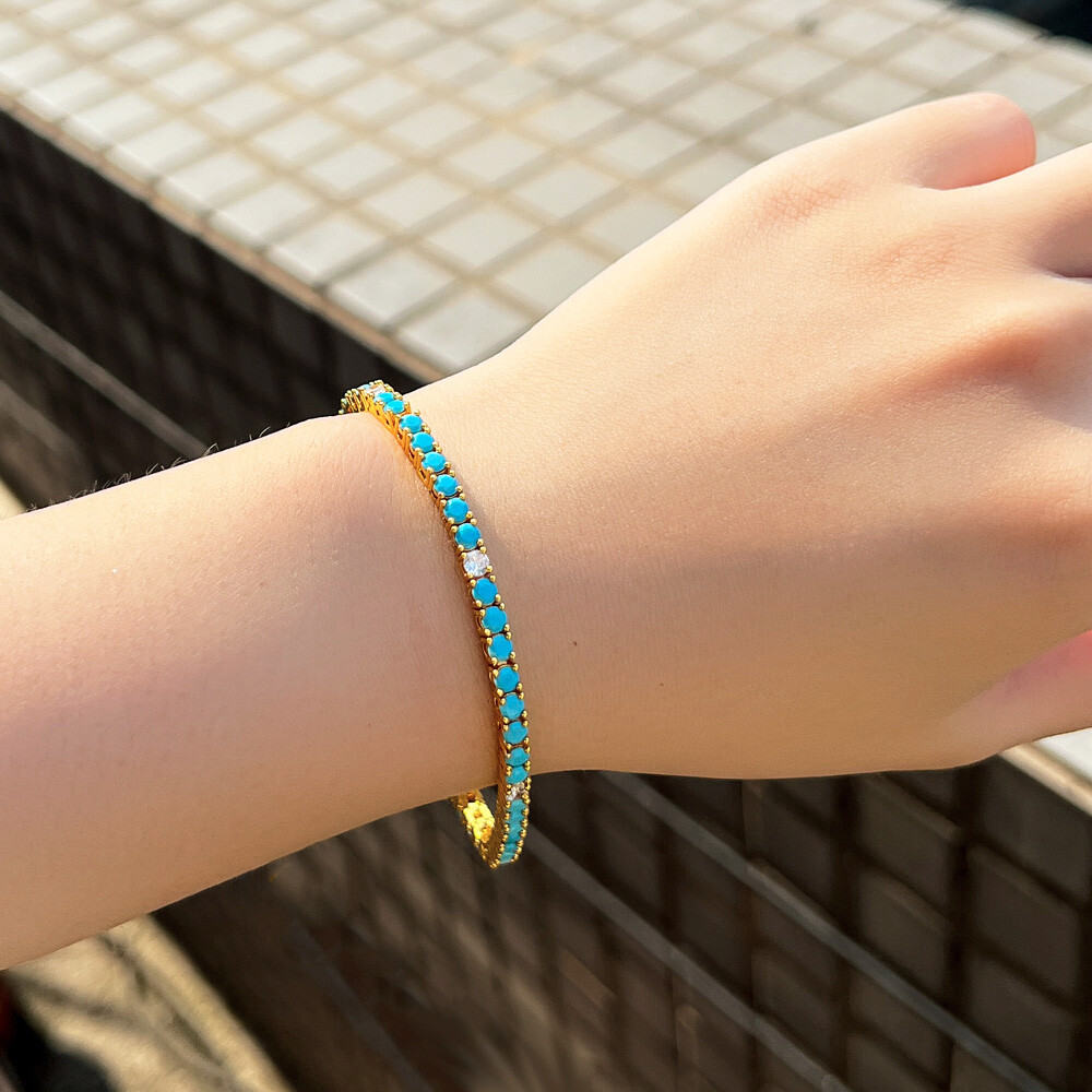 Women Gold Plated 3mm Small Round Cubic Zirconia Blue Turquoise Tennis Bracelet