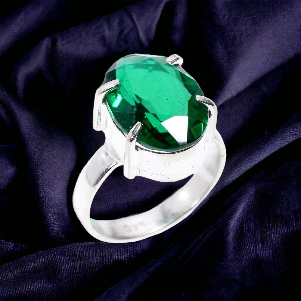 925 Silver Emerald Stone Solitaire Wedding Wife Party Wear Ring Jewelry US 5.75