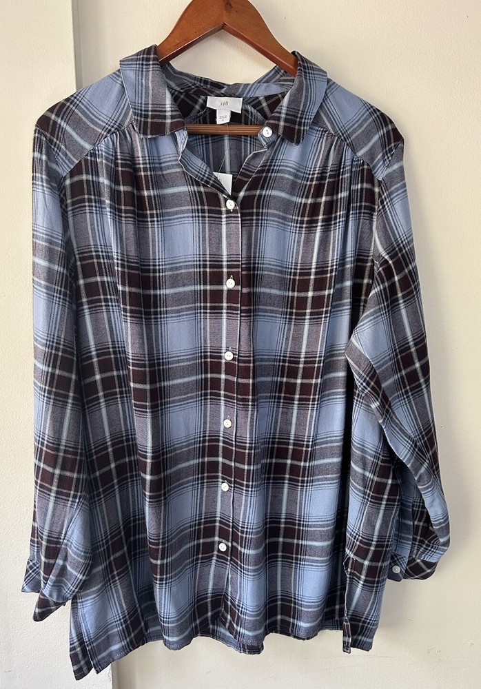 J Jill Womens Plaid Button Up Tunic Top Lightweight Blue Large Untuck Style
