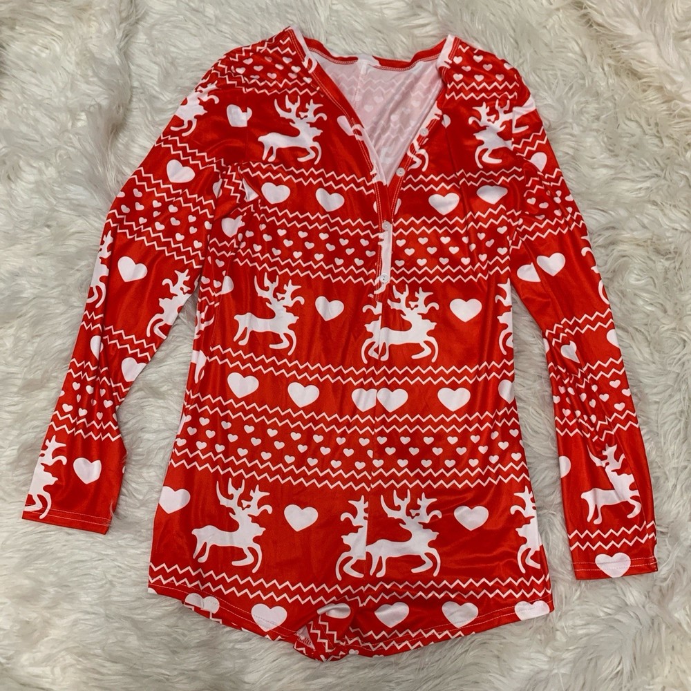 Women's Reindeer Christmas Pajama Romper - Large Size Cozy Holiday Sleepwear