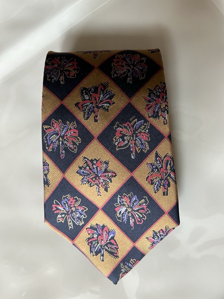 PERRY ELLIS PORTFOLIO Gold Black Floral Silk Tie Italy EUC 3.75 x 57