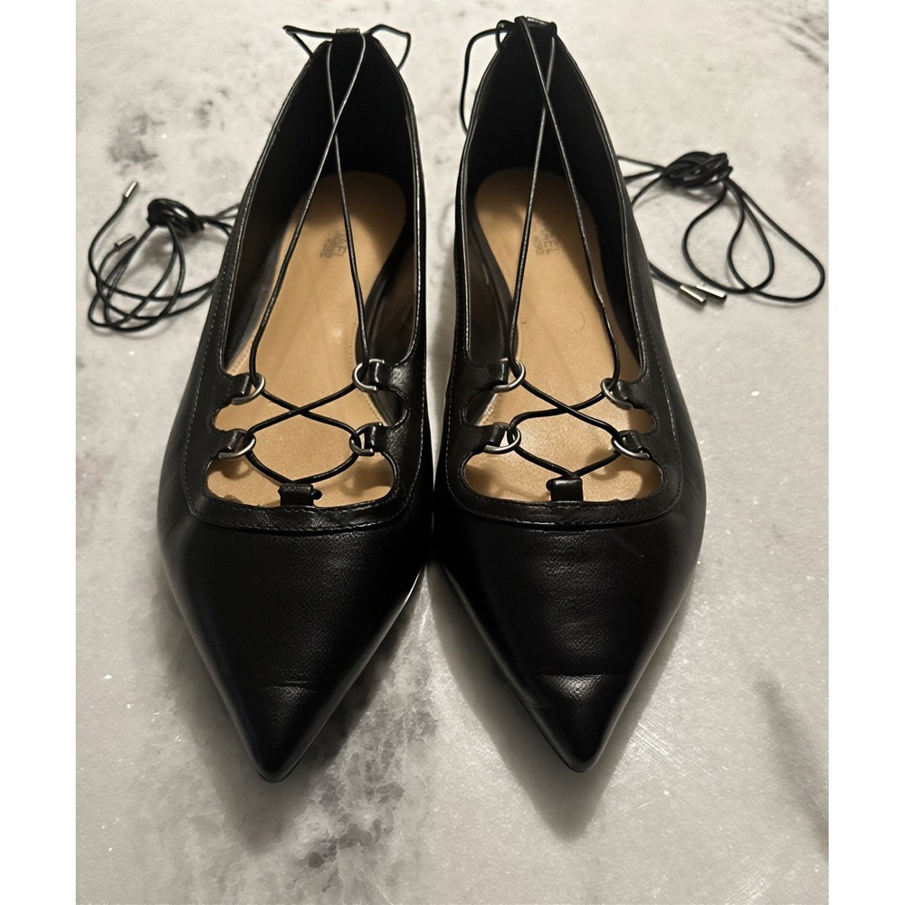 Michael Kors Black Leather Pointed Toe Lace Up Ghillie Ballet Flats Womens