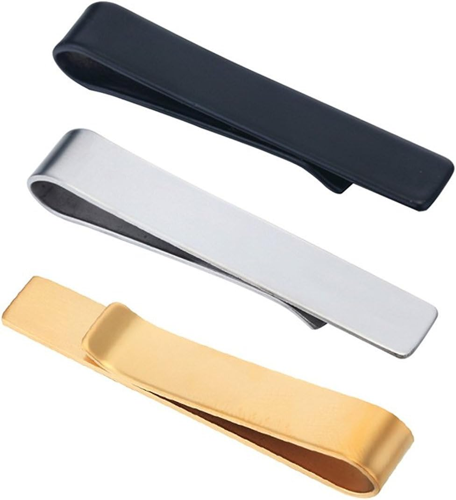 3 Pc Set Skinny Tie Bar Clip in Silver Black Gold - 1.9 Inch