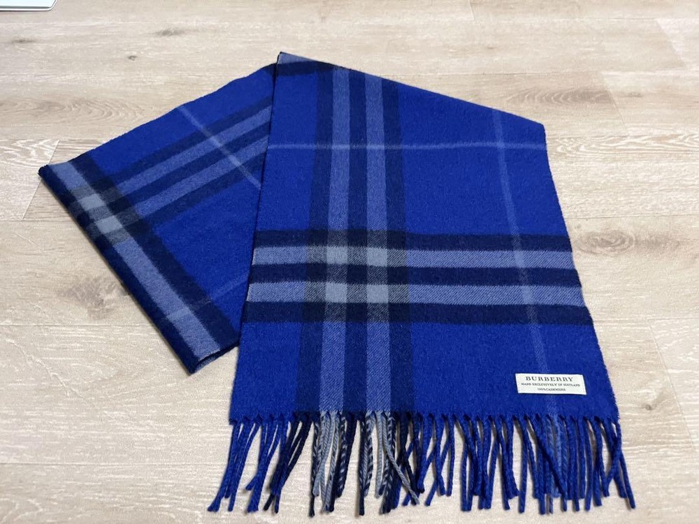 BURBERRY Men's Mega Check 100% Cashmere Scarf Blue From Japan Good Condition