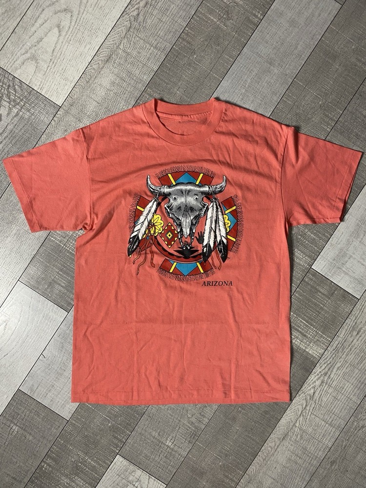 Vtg 90s Arizona Cow Skull T-Shirt Medium Native America Feather Puff Print