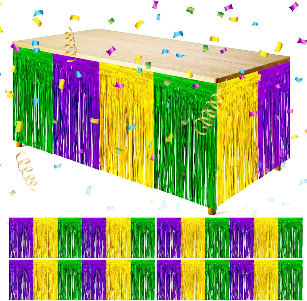 4 PCS Mardi Gras Party Table Skirt-29 X 109 Inch Mardi Gras Metallic Fringe Tabl