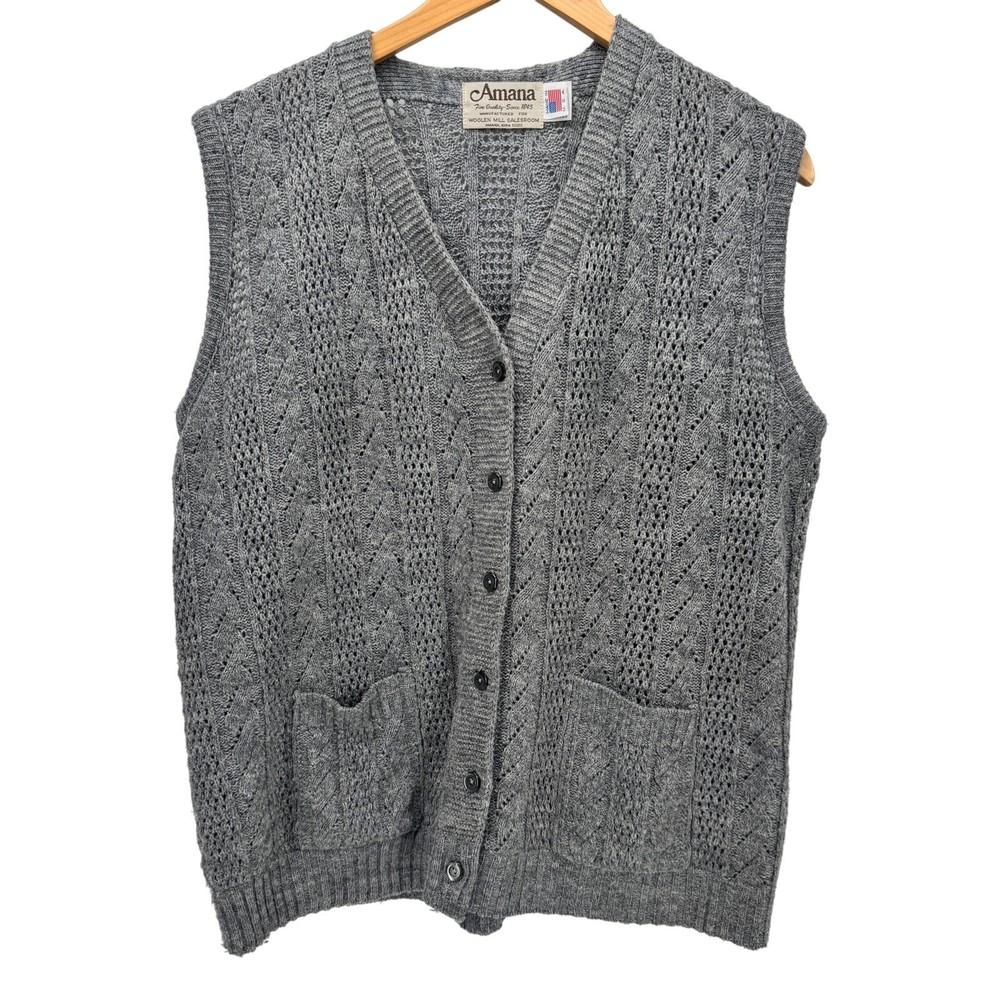 Vintage Amana Sweater Womens Large Gray Wool Pointelle Knit Vest Made in USA
