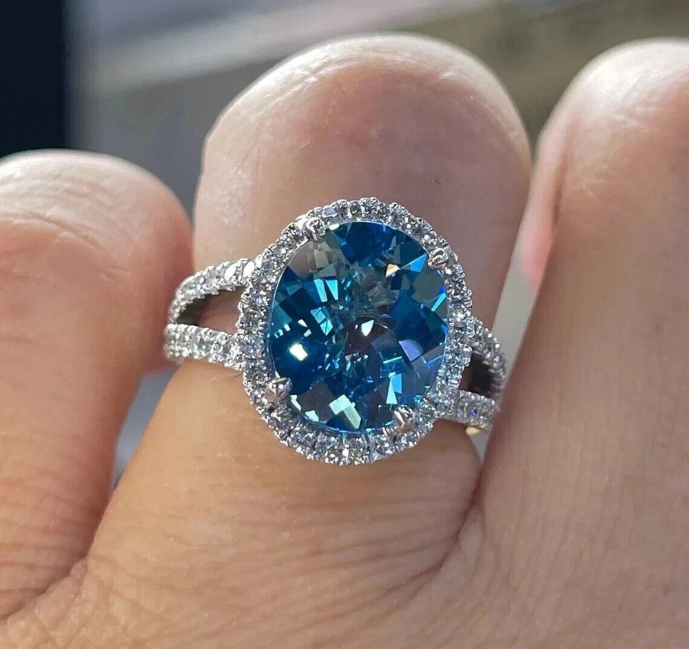 2.65 Ct Oval Cut Blue Topaz Halo Engagement Ring 14K White Gold