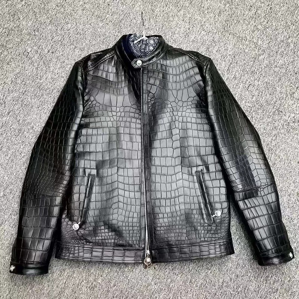 Men's Black Real Leather Crocodile Embossed Jacket Biker Alligator Print Jacket