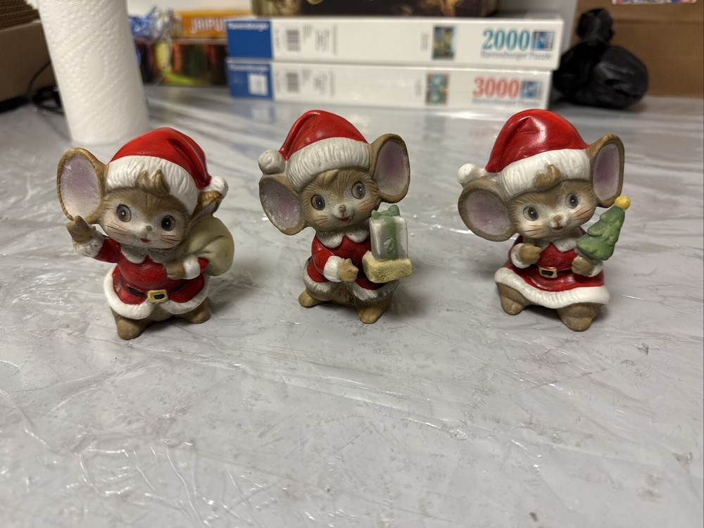 Set Of 3 Vintage Homco Christmas Figurines 2 Santa Mice 1 Bear Christmas Decor