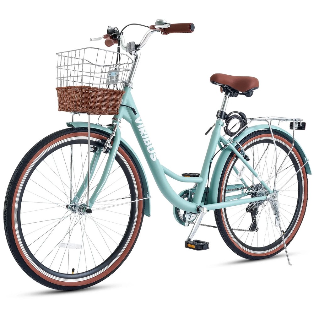 VIRIBUS 7-Speed Beach Cruiser Bike 24 or 26 Inch Womens City Bicycle with Basket