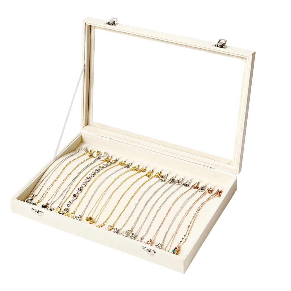 Beige 20 Hooks Velvet Necklace Organizer Box Necklace Holder Tray with Clear Lid
