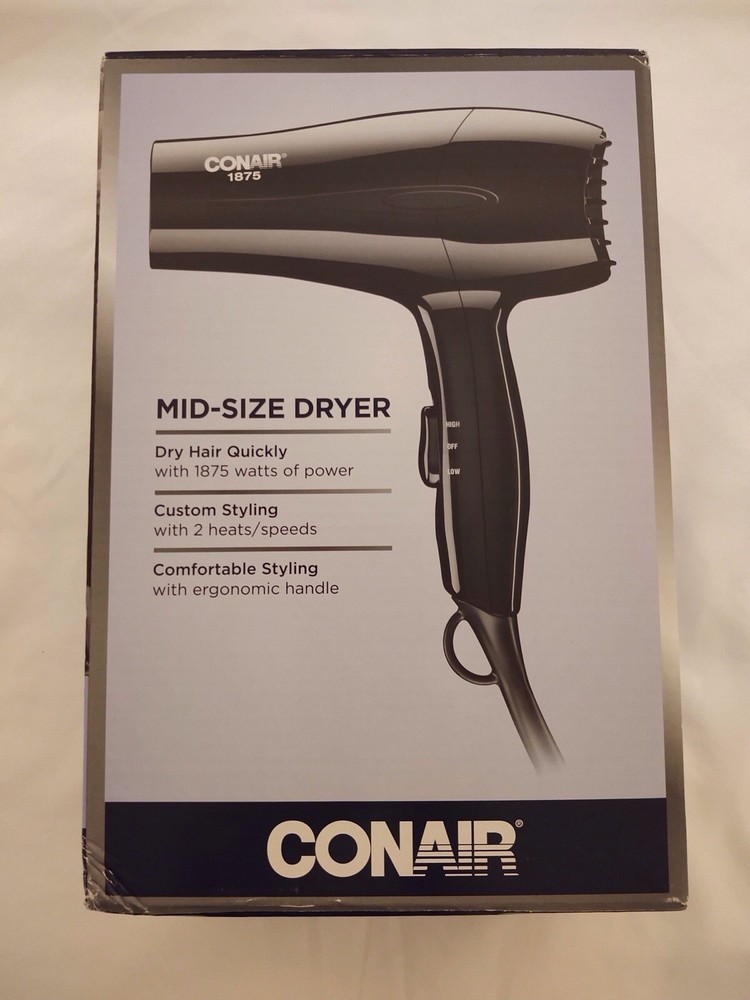 Conair 1875 Mid-Size Hair Dryer Black Ergonomic Handle 2 Speed/Heat Settings
