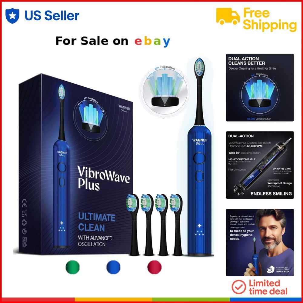 Electric Toothbrush Soft Bristle Waterproof Sonic Vibration 4 Brush Heads Adult