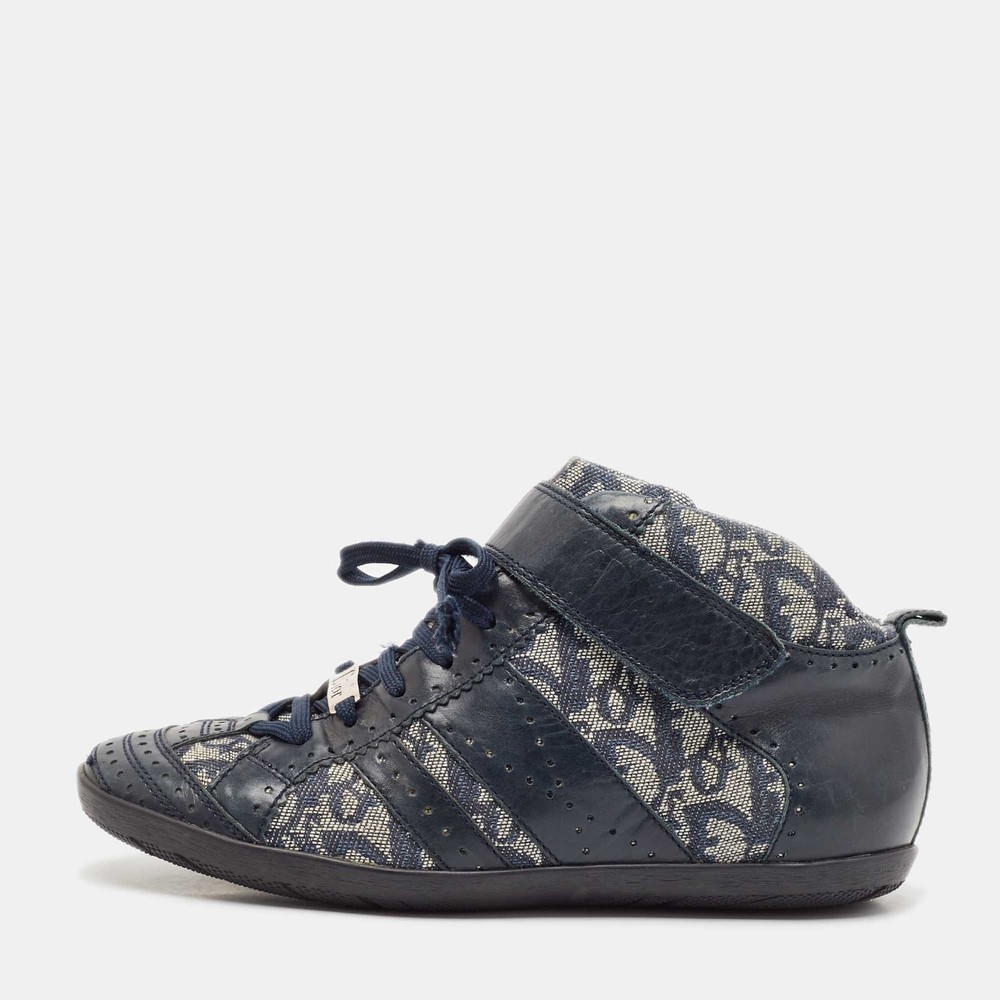Dior Blue Grey Oblique Canvas Leather High Top Sneakers Size 37.5